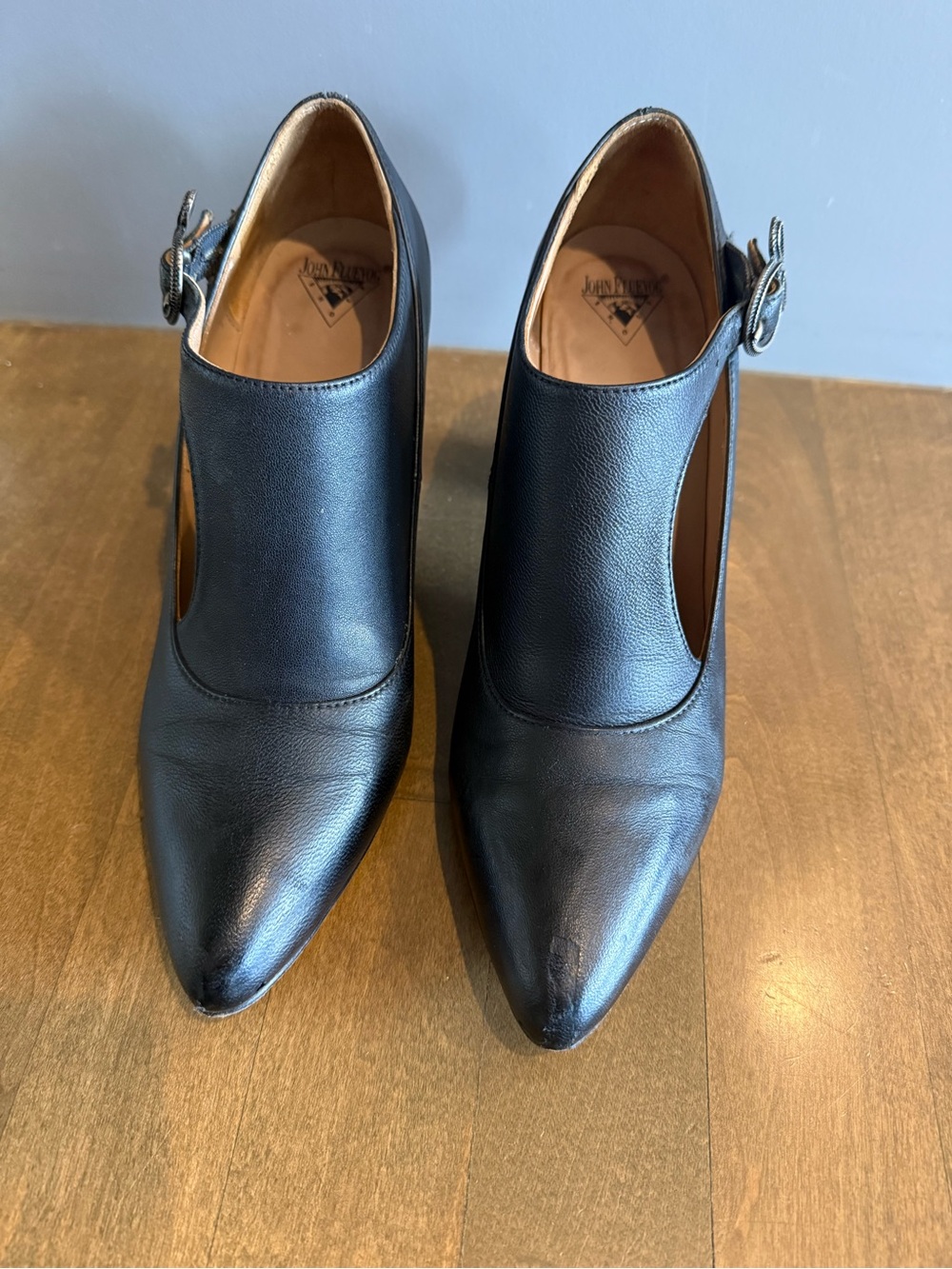 John Fluevog Black Leather Women's Cutout Heels with Bow Accent - Picture 3 of 5